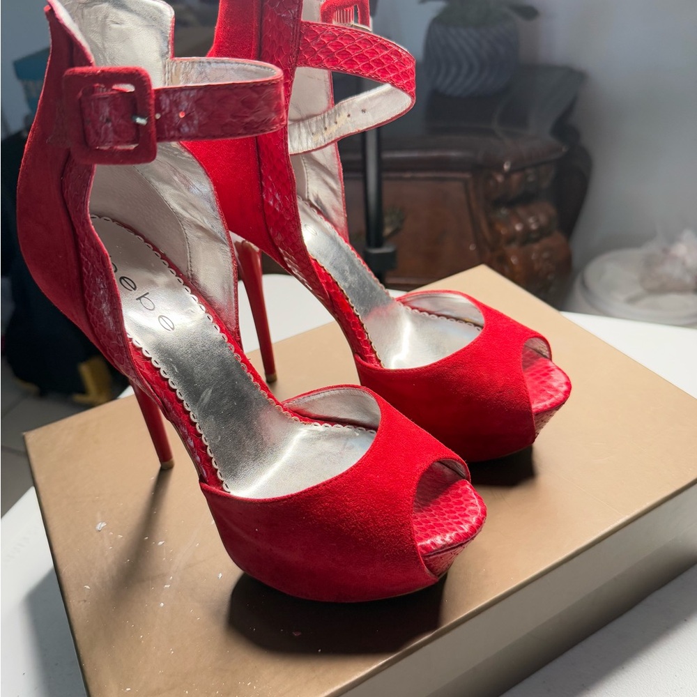 Bebe Red Peep Toe Heels - Picture 4 of 14